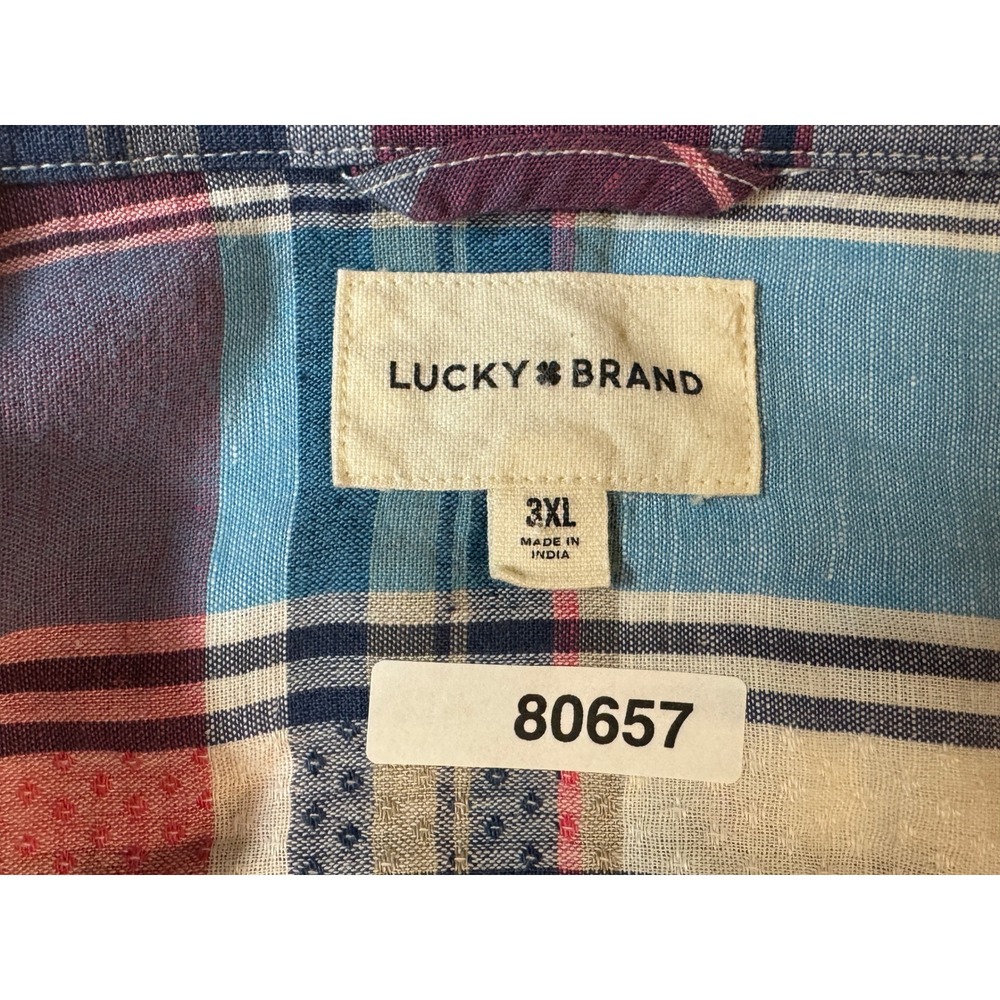 Lucky Brand Mens 3XL Linen Blend Plaid Short Sleeve Button Down Shirt Blue Pink - Picture 5 of 9